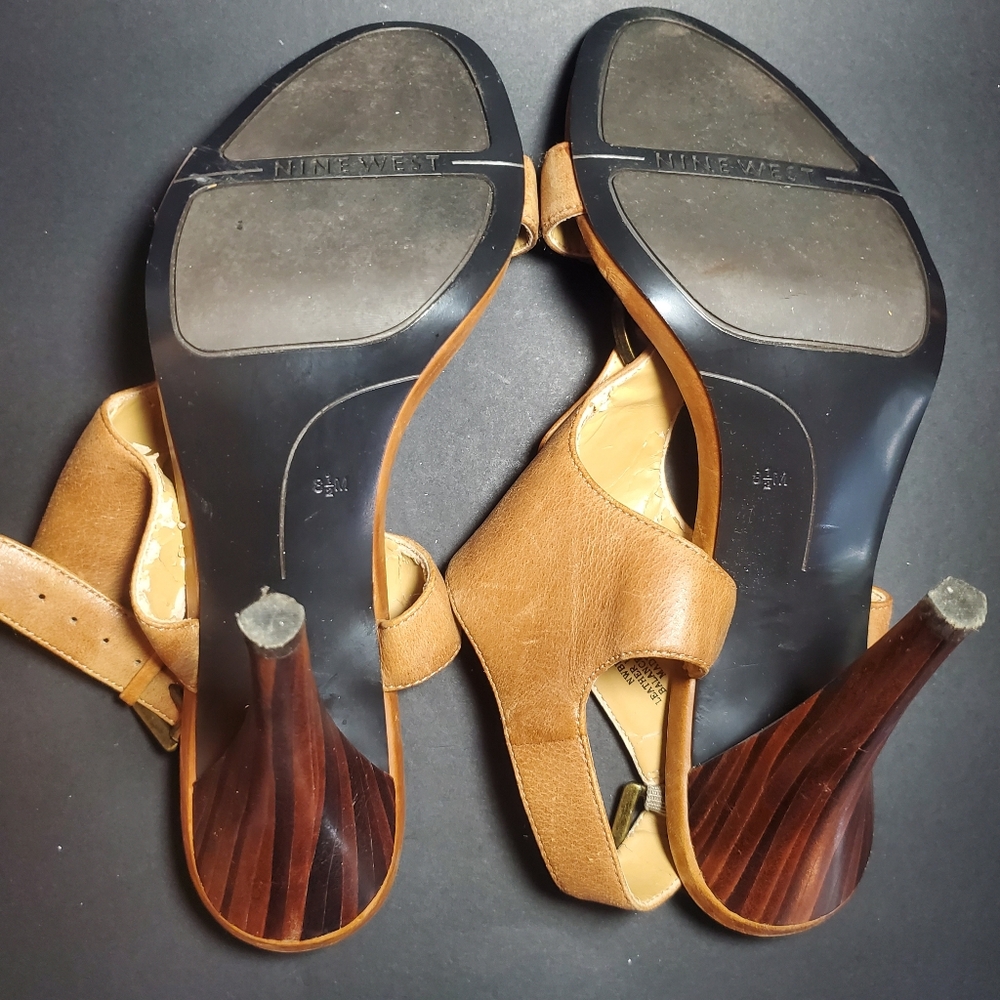 NINE WEST Snooks Tan T-Strap Leather Upper Heels Size 8.5 & 4" Heel. - Picture 12 of 13